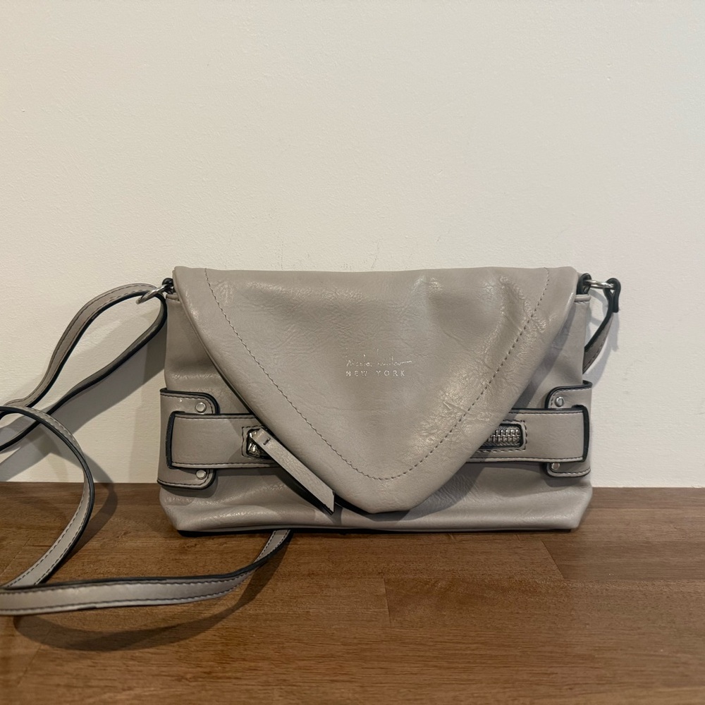 Nicole Miller Gray Leather Crossbody Bag with Adjustable Strap